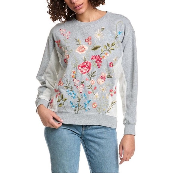 Johnny Was Tops - Johnny Was Womens Size S Catalina Contrast‎ French Terry Sweatshirt Grey Boho